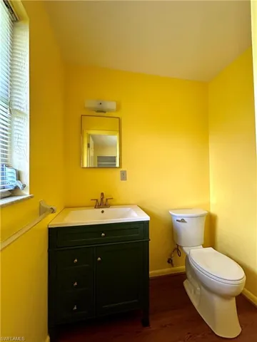 Bathroom featuring vanity, hardwood / wood-style floors, and toilet