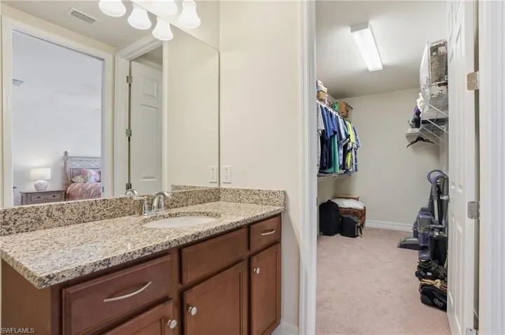 Bathroom featuring a walk in closet, connected bathroom, vanity, and light carpet