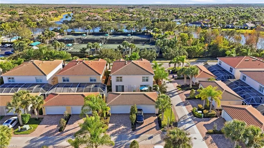 Aerial perspective of suburban area with a large body of water