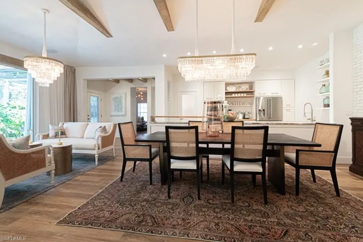 Spacious view of the dining area, seating room and brand new kitchen