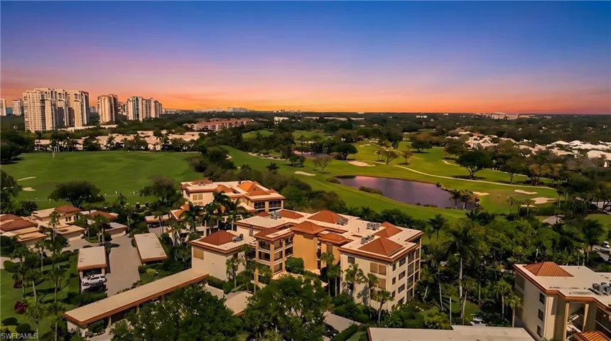 Aerial view of a golf club and a large body of water