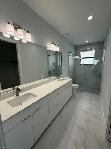 Bathroom featuring vanity, toilet, and walk in shower