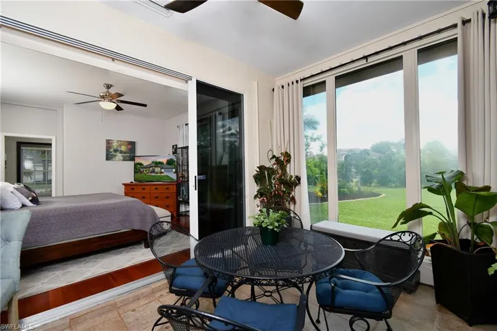 Master bedroom featuring ceiling fan, engineered wood bamboo flooring, Enters out into FL Rm