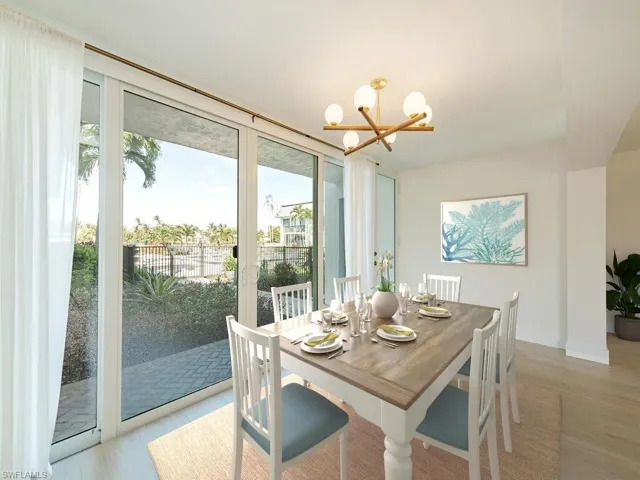Virtually Staged Dining space with a chandelier, light wood-type flooring, and expansive windows