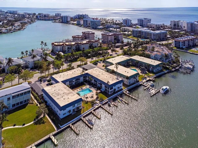 Aerial View of Belmont Court and Community Pool and Deeded Boat Docks