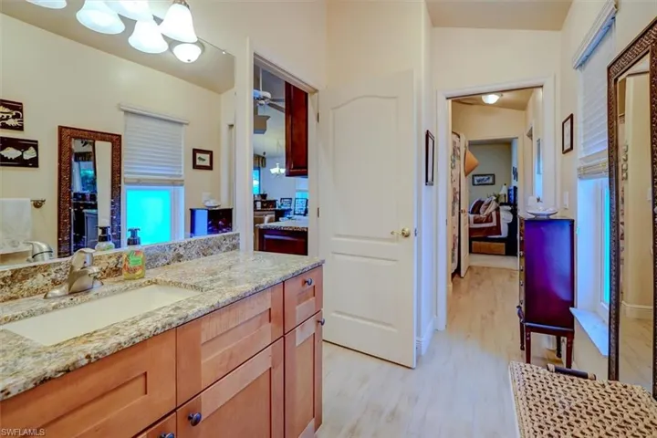 Jack & Jill Bathroom with vanity, hardwood / wood-style tile flooring