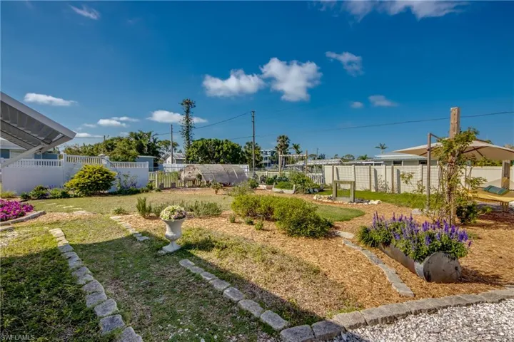Fenced backyard with a garden