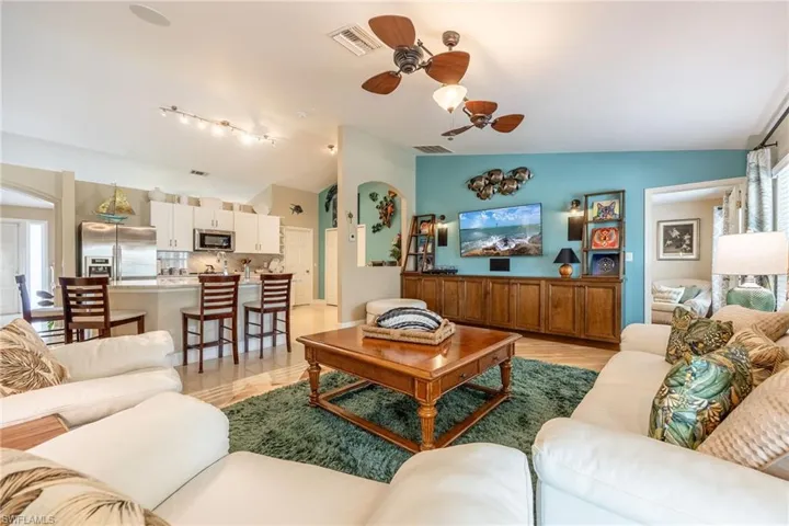 View of family room & kitchen