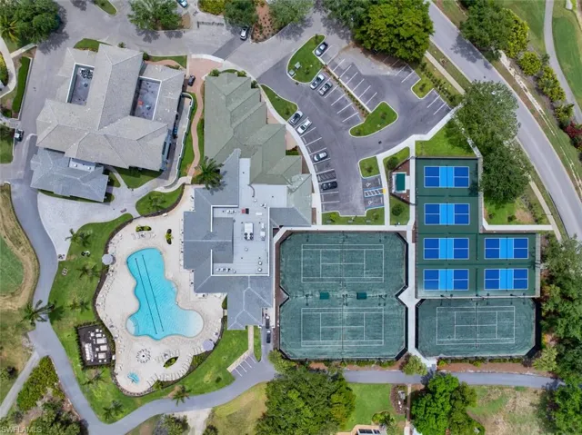 Aerial overview of property's location with a pool area