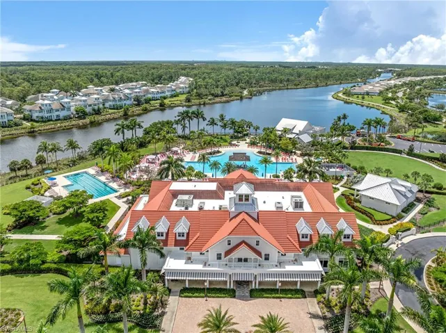 Bird's eye view of a pool and a nearby body of water