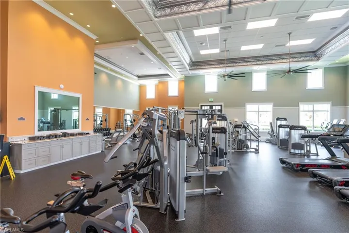 Workout area with a towering ceiling, crown molding, and ceiling fan
