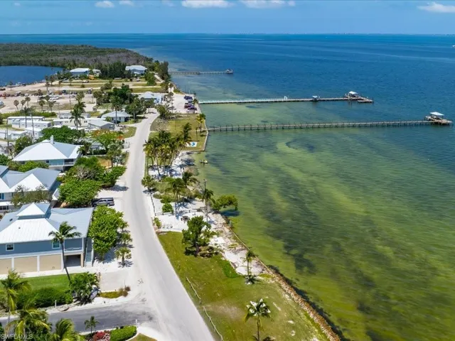 Birds eye view of property with a water view
