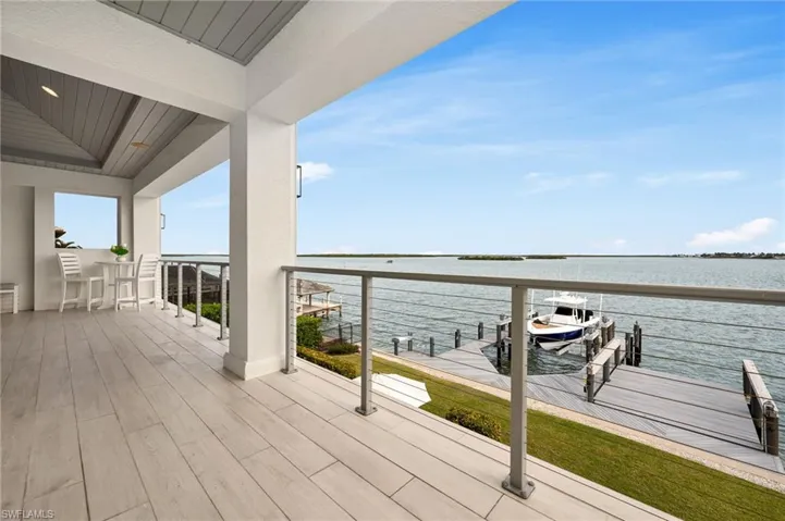 Wooden terrace with a water view and a boat dock