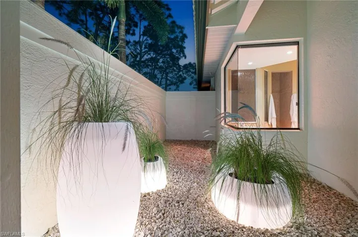 Garden off the primary bathroom comes alive at night.