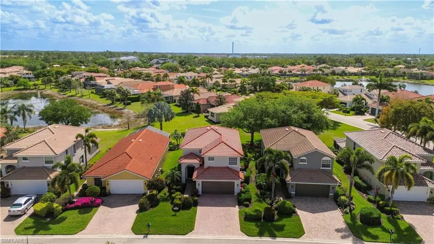 Aerial perspective of suburban area featuring a large body of water