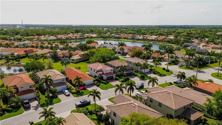 Aerial perspective of suburban area featuring a nearby body of water
