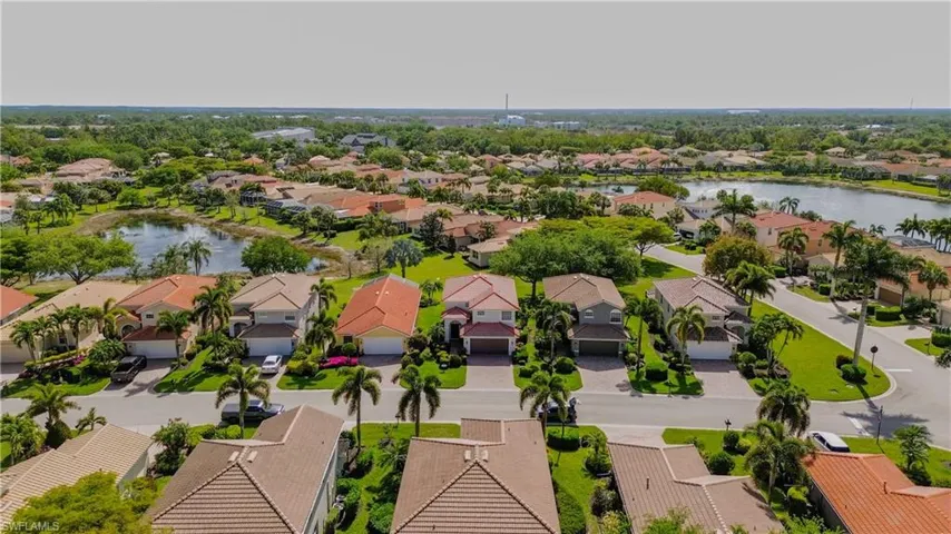 Aerial perspective of suburban area featuring a nearby body of water