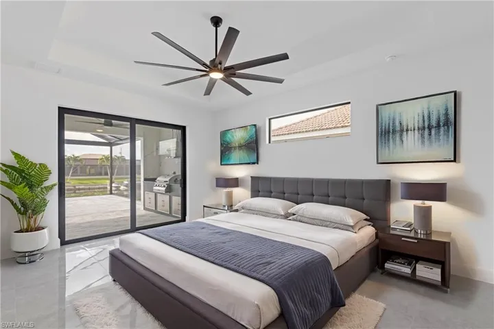 Bedroom with ceiling fan and access to exterior