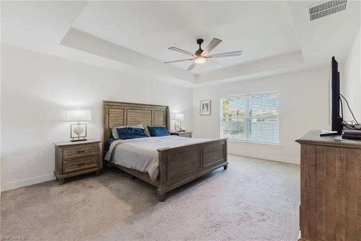 Bedroom with a tray ceiling, light carpet, and a ceiling fan