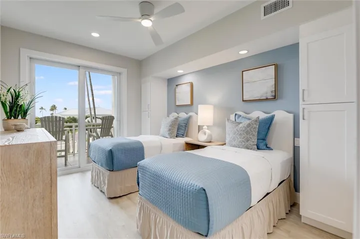 Bedroom featuring access to outside, light wood-style floors, ceiling fan, and recessed lighting