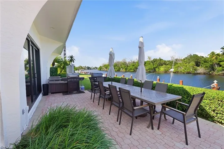 View of patio / terrace featuring outdoor dining area, a grill, with a water view