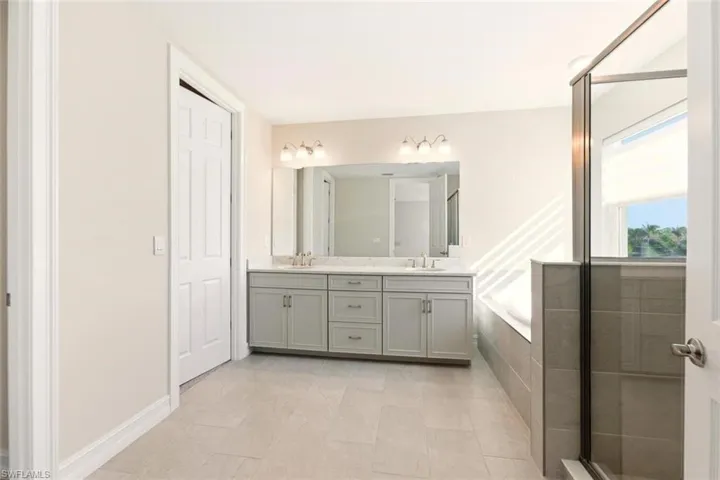 Full bath featuring double vanity, a shower stall, and a bath