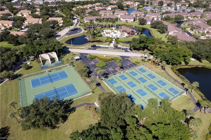 View of tennis, pickleball, Racquetball, basketball, pool and clubhouse
