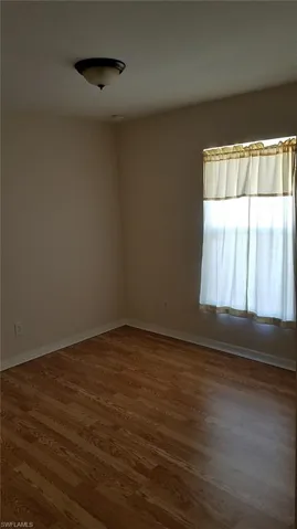 Wood-finish flooring with white trim and a ceiling-mounted light fixture