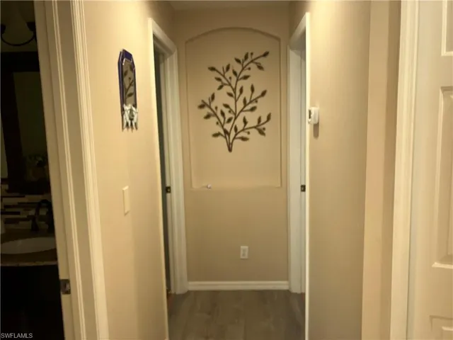 Hallway featuring sink and dark wood-type flooring