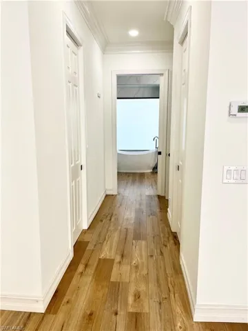 Hallway featuring crown molding and light hardwood / wood-style flooring