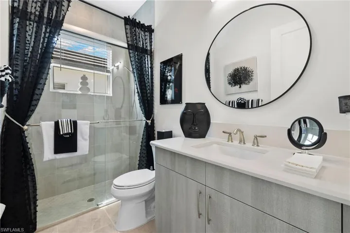 Full bathroom with vanity and a shower stall