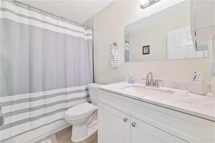 Full bathroom featuring vanity, wood finished floors, and a shower with curtain