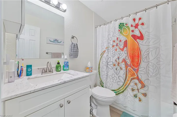 Full bathroom with vanity and curtained shower