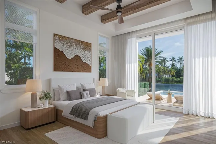 Bedroom featuring beamed ceiling, wood finished floors, access to outside, multiple windows, and ceiling fan