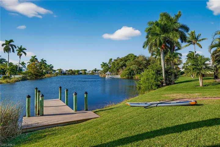 Dock with a lawn and a water view