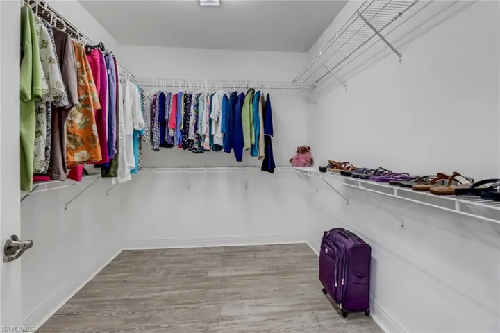 Large Walk in closet with light wood-type flooring off master bedroom