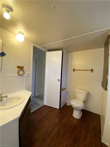 Half bath featuring vanity, dark wood-style floors, and a textured ceiling