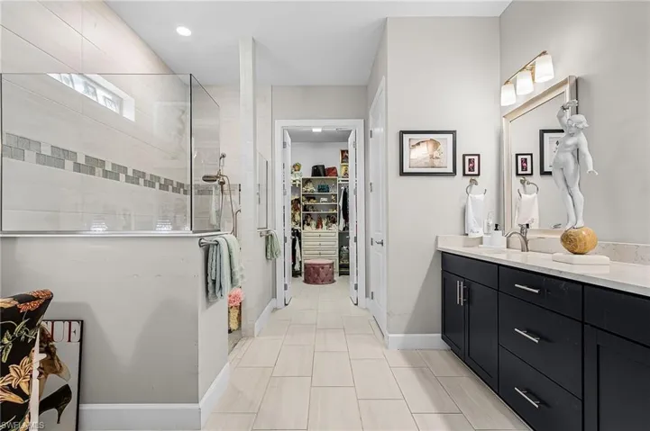 Bathroom featuring walk in shower, vanity, and a walk in closet