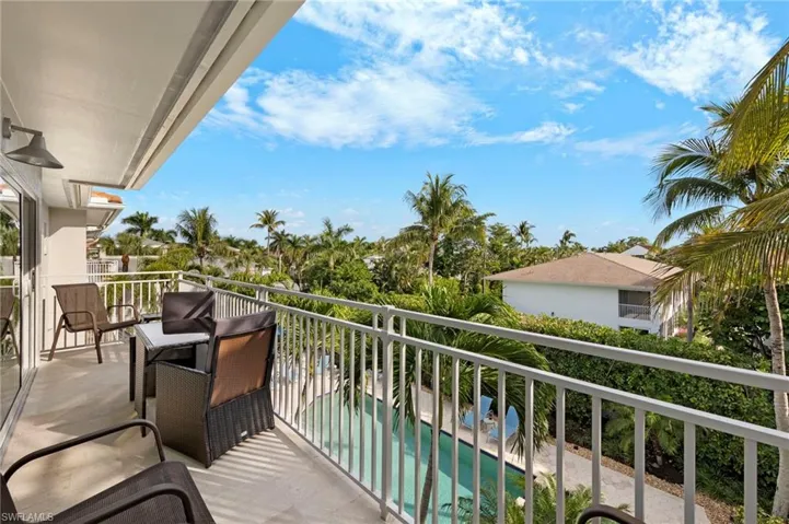 Balcony featuring a fenced in pool