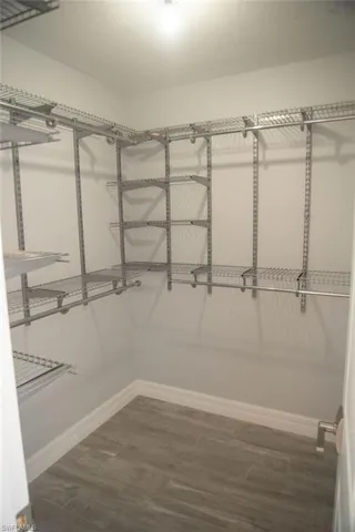 Walk in closet with dark hardwood / wood-style floors