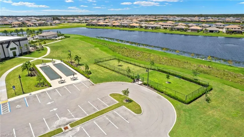 Aerial view of bocce courts and dog park.