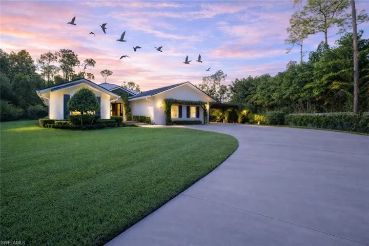 Ranch-style house with driveway, a front lawn, and stucco siding