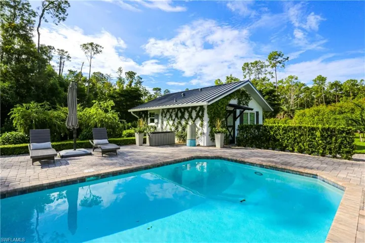 Swimming pool featuring a patio and view of scattered trees