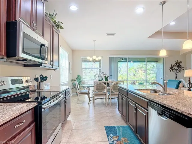 Kitchen with appliances with stainless steel finishes, pendant lighting, an inviting chandelier, and sink