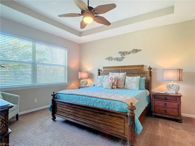 Bedroom featuring carpet, ceiling fan, and a raised ceiling