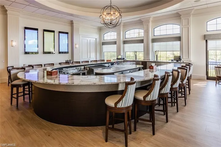 Bar with pendant lighting, light hardwood / wood-style floors, light stone counters, and a tray ceiling