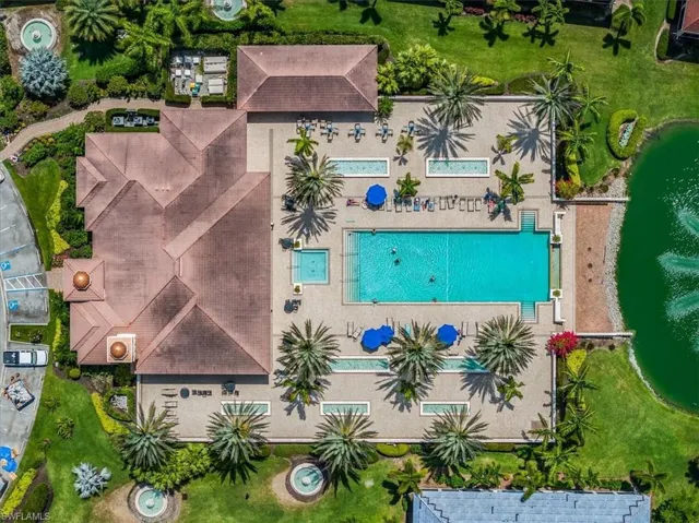 Aerial view of clubhouse and pool