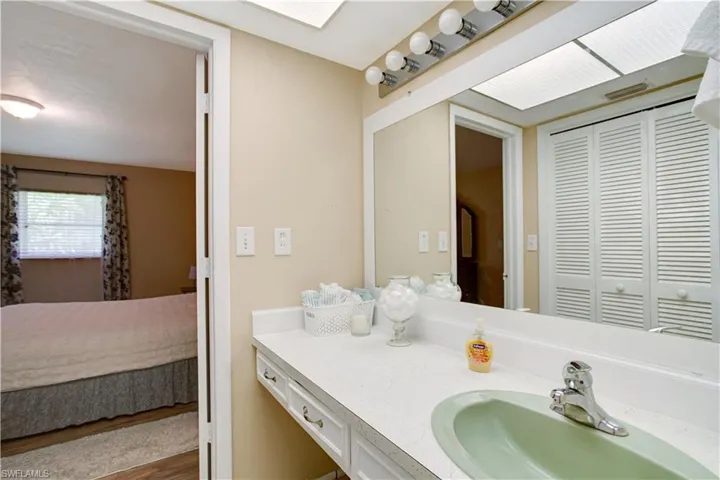 Bathroom with wood-type flooring and oversized vanity