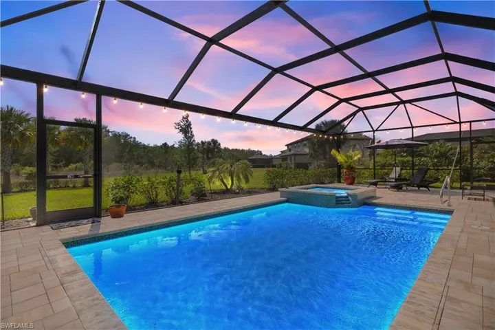 Screened-in pool and spa area featuring a paver deck, string lighting, and an expansive natural backdrop