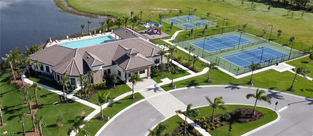 Bird's eye view of a large body of water and a pool